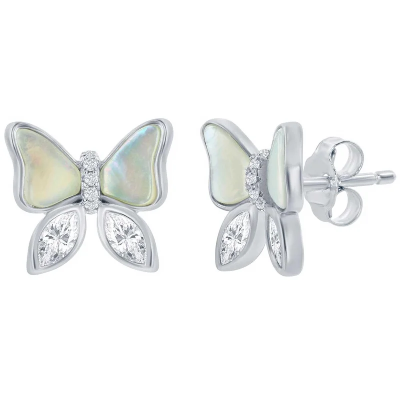 Women's luxury party earrings-Classic Women's Earrings - Sterling Silver MOP and CZ Butterfly Stud | D-8385