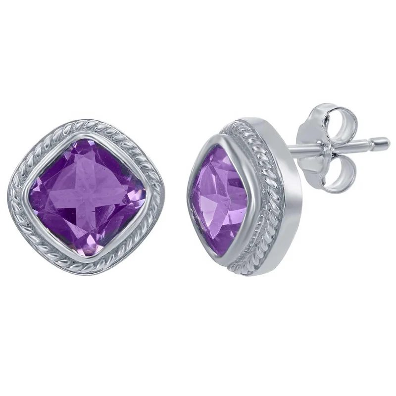 Women's alloy earrings-Classic Women's Earrings - Sterling Amethyst Gemstone Small Square Designed | D-3929