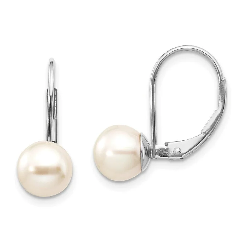 Women's drop earrings-14k White Gold 7-8mm Round Freshwater Cultured Pearl Leverback Earrings