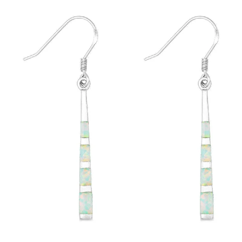 Women's limited edition earrings-Sterling Silver White Inlay Opal Dangling Earrings