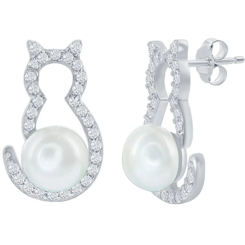 Women's ear cuffs-Classic Women's Earrings - Sterling Silver CZ Cat with Round White Pearl | D-7973