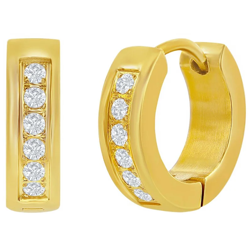 Women's seasonal earrings-Blackjack Men's Earrings - Gold Plated Steel 13mm Huggie Hoop Single Row CZ | SA-6078