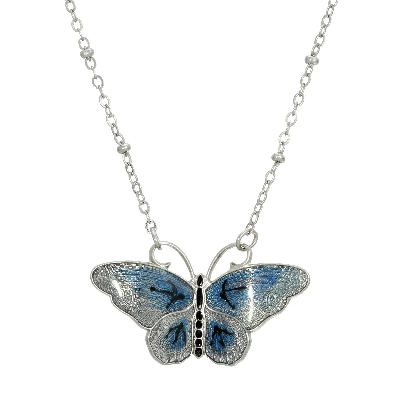 Women's eco-friendly necklaces-1928 Jewelry® Silver-Tone Blue And Black Enamel Butterfly Necklace 16”Adj.