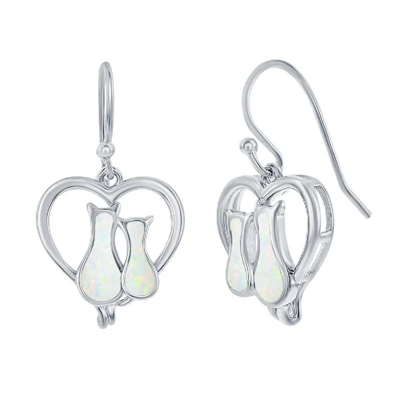 Women's fashion earrings-Opalata Women's Earrings - Sterling Silver Opal Cats in a Heart Post Back | D-8174