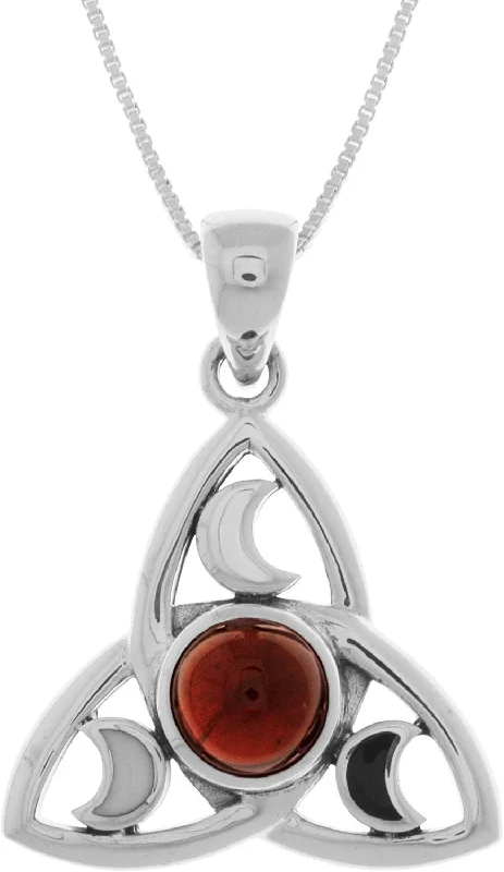 Women's formal necklaces-Jewelry Trends Sterling Silver Celtic Trinity Crescent Moon Pendant with Garnet on 18 Inch Box Chain Necklace