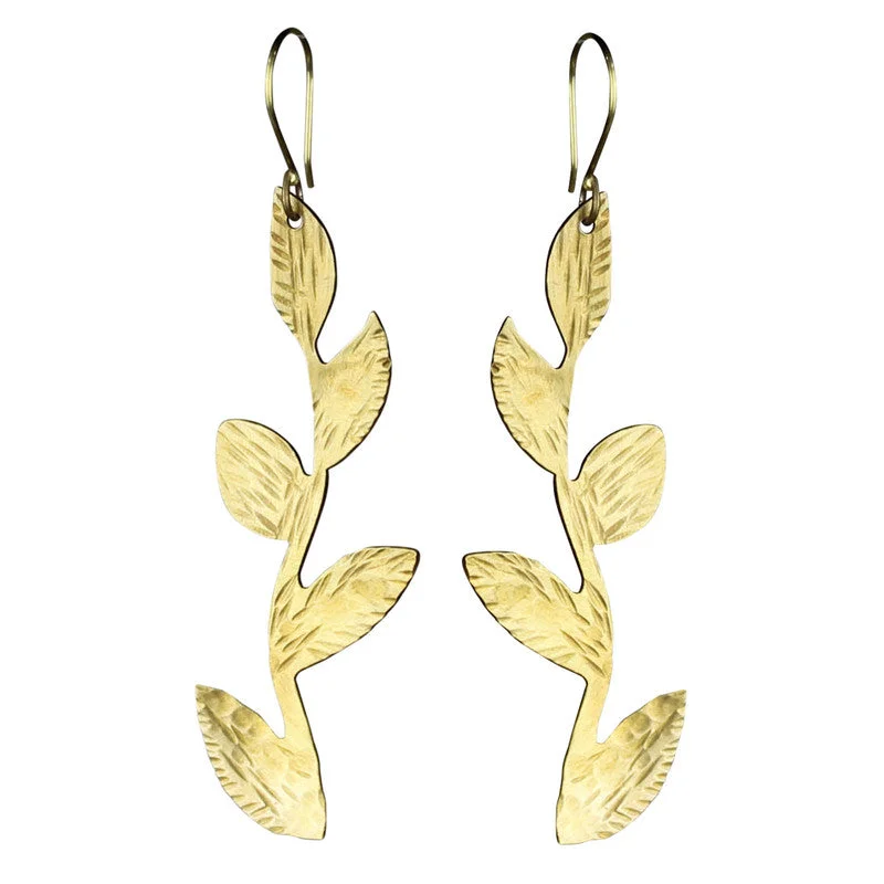 Trendy women's rings-Liza Earring, Brass - Branch with Leaves