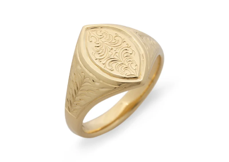 Women's DNA rings-Navette Hand Engraved Signet Ring, Yellow Gold