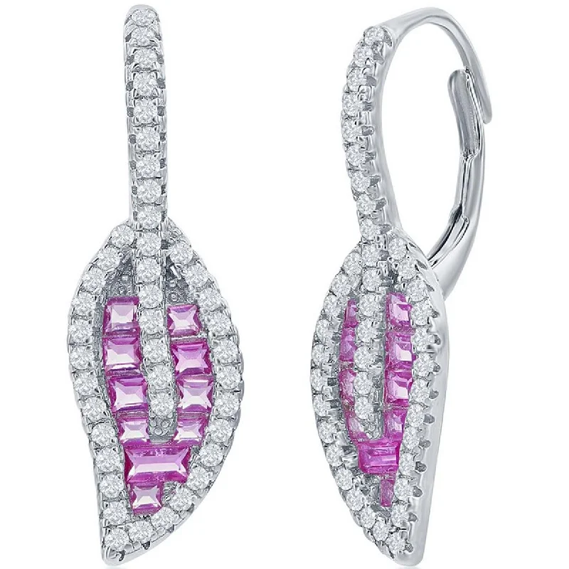 Women's geometric earrings-Classic Women's Earrings - Light Ruby Baguette and Round CZ Leaf Lever Back | D-8160