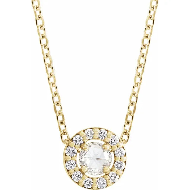 Women's luxury gift necklaces-14K Yellow 1/8 CTW Rose-Cut Natural Diamond Halo-Style, comes with adjustable 16-18" Necklace