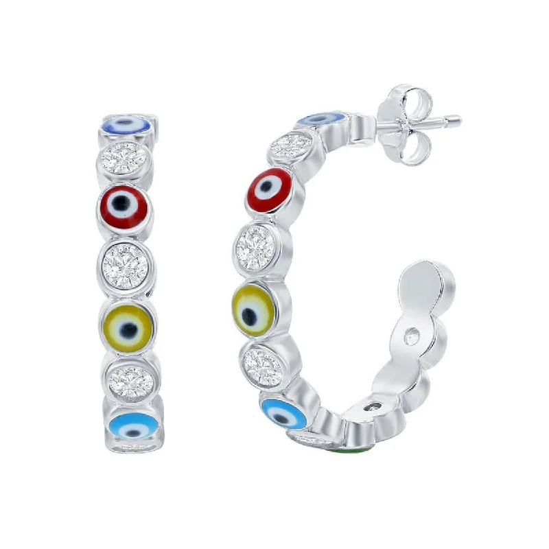 High-end women's earrings-Classic Women's Earrings - Alternating CZ and Multicolor Enamel Evil Eye Hoop | D-8353