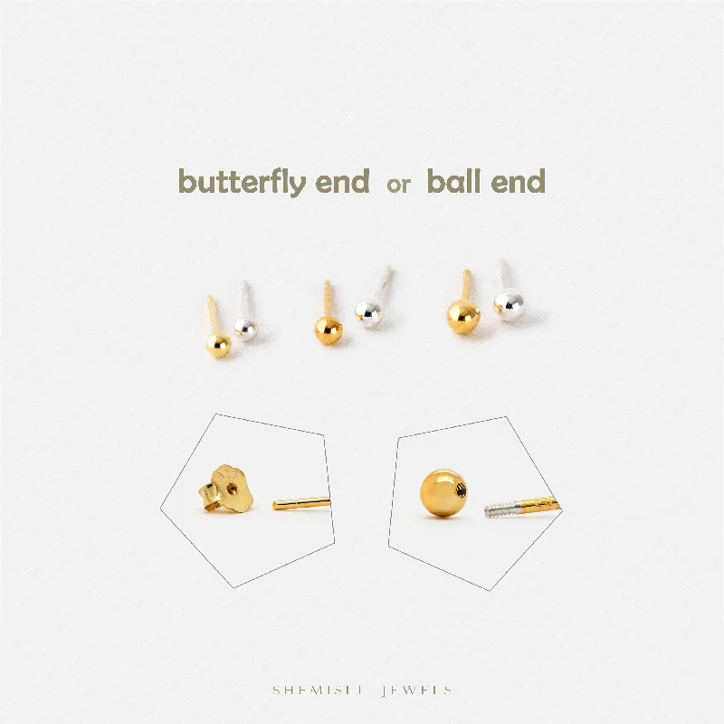 Women's cross earrings-Shiny Ball Studs Earrings, 2, 2.5, 3mm Unisex, Gold, Silver SS201, SS001, SS002 Butterfly End, SS845, SS846, SS847 Screw Ball End (Type A)