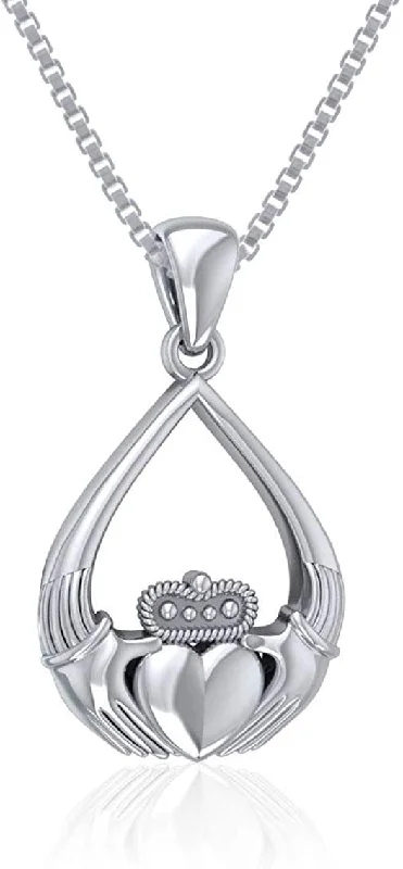 Women's wedding necklaces-Jewelry Trends Celtic Claddagh Tear-drop Irish Sterling Silver Pendant Necklace 18"