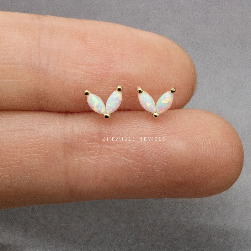 Women's fingerprint earrings-Tiny Opal Flower Leaf Studs Earrings, Unisex, Gold, Silver SHEMISLI SS204 Butterfly End, SS735 Screw Ball End (Type A)