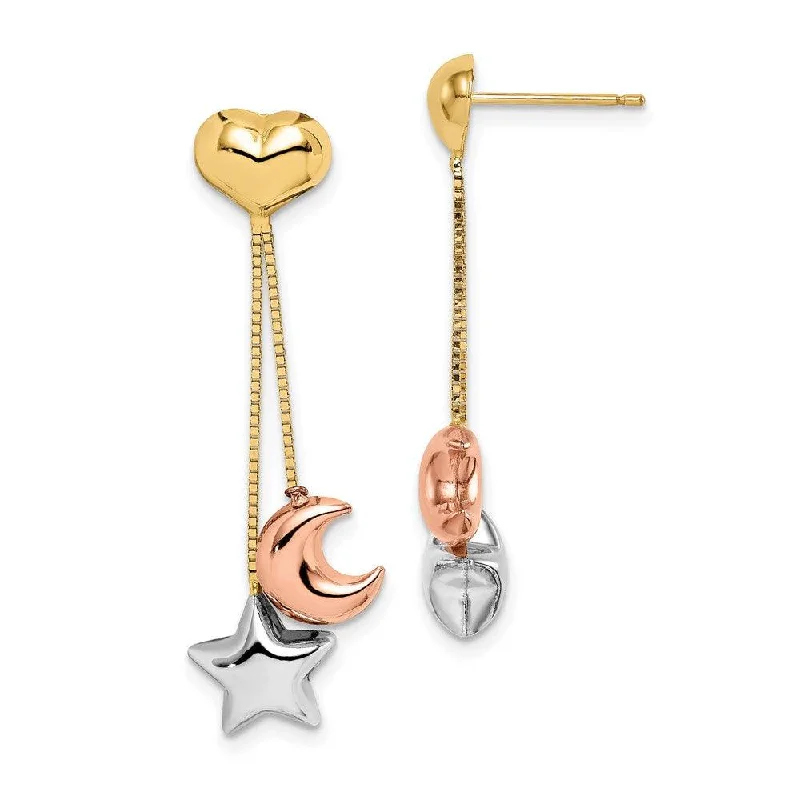 Women's birthstone earrings-Madi K Kid's 14k  Tri-color Heart, Star & Moon Dangle Post Earrings