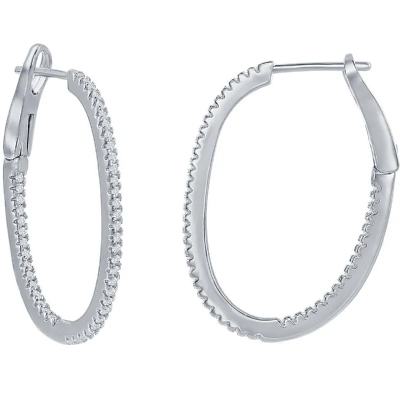 Women's stainless steel earrings-Classic Women's Earrings - Sterling Silver Ultra Thin 30mm CZ Oval Shape Hoop | D-7894