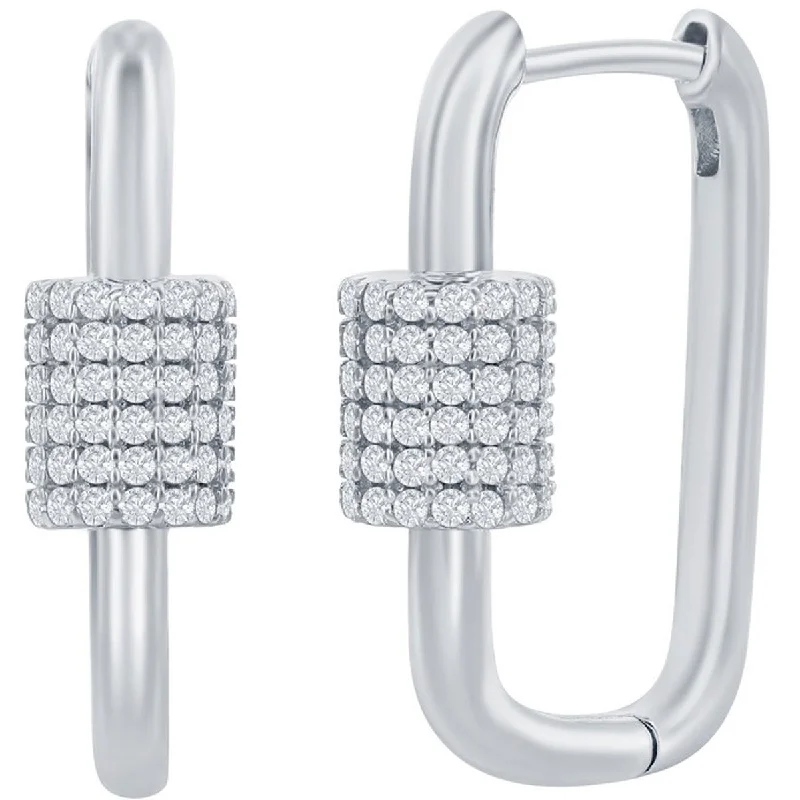 Women's dangle earrings-Classic Women's Earrings - Silver Micro Pave CZ Oval Carabiner Paperclip | D-7974