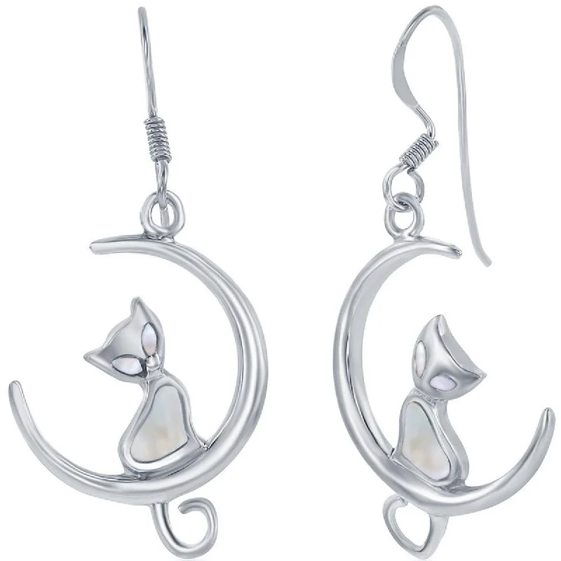 Women's waterproof earrings-Classic Women's Earrings - Sterling Silver White Mother of Pearl Cat on Moon | D-8030