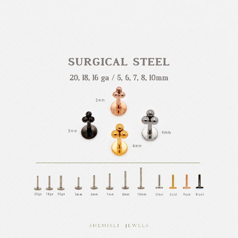 Women's minimalist earrings-Tiny 3 beads Threadless Flat Back Lip Labret Stud, 18,16ga, 6-10mm, Unisex, Surgical Steel, SHEMISLI SS537, SS538