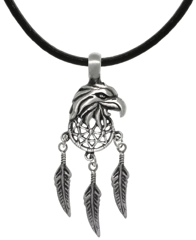 Women's astrology necklaces-Jewelry Trends Pewter American Eagle Mandala Feather Southwest Pendant Necklace 18" Leather Cord