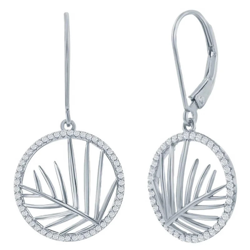 Women's luxury gift earrings-Classic Women's Earrings - Round CZ Outline with Center Cut-Out Leaf Dangle | D-8409