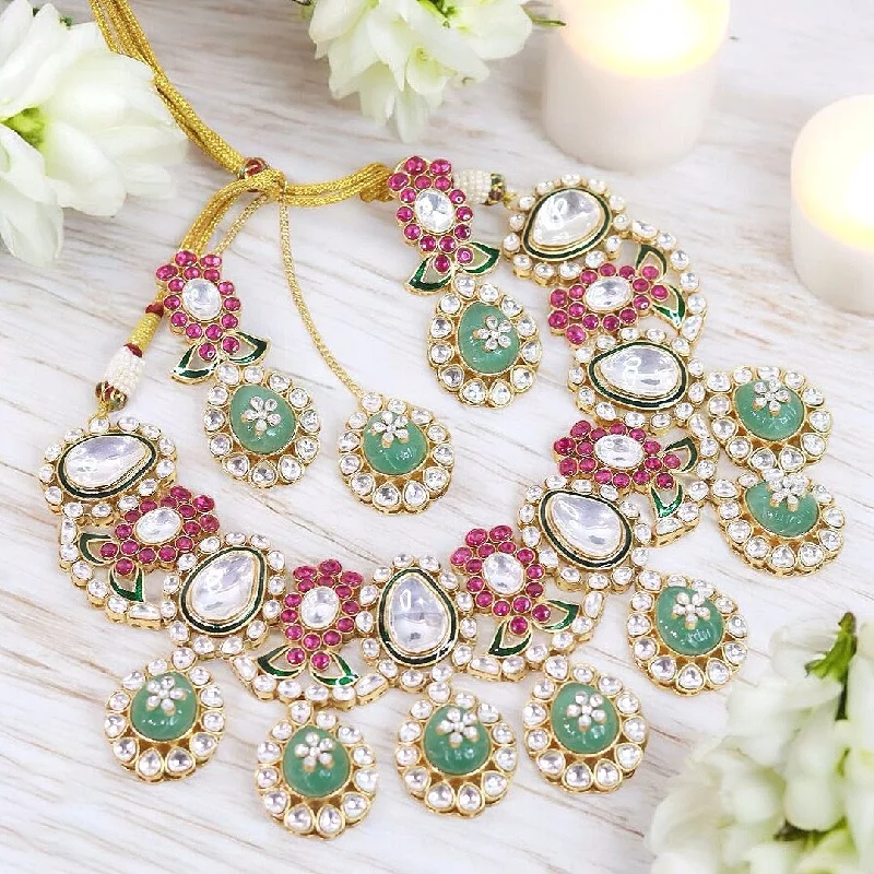 Women's chandelier earrings-Floral Inspired Polki Necklace Earrings With Maangtika Set, Floral Polki Jewellery, Floral Wedding Necklace Set, Floral Polki Necklace Earrings Mangtika Set, Indian Polki Jewellery, Polki Necklace Set, Bollywood Inspired Polki Jewelry