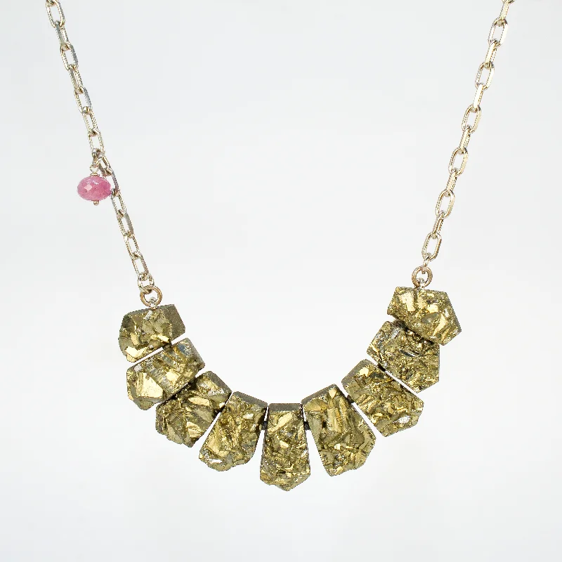 Women's travel necklaces-NEW! Pyrite with Single Pink Sapphire Bead on Sterling Silver Necklace by Rina Young