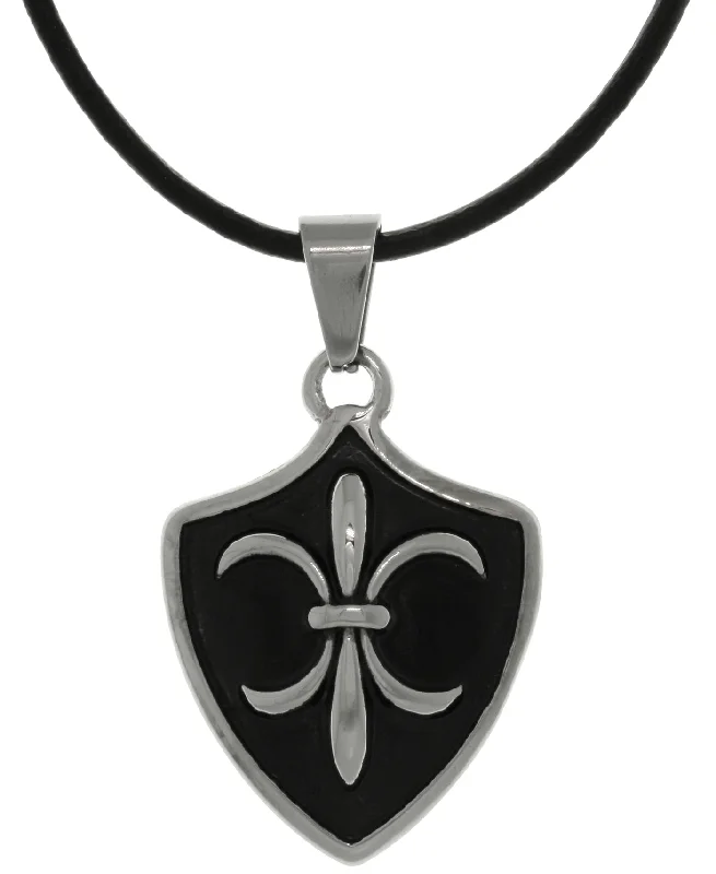 Women's healing crystal necklaces-Jewelry Trends Stainless Steel Fleur De Lis Shield Pendant on Black Leather Necklace