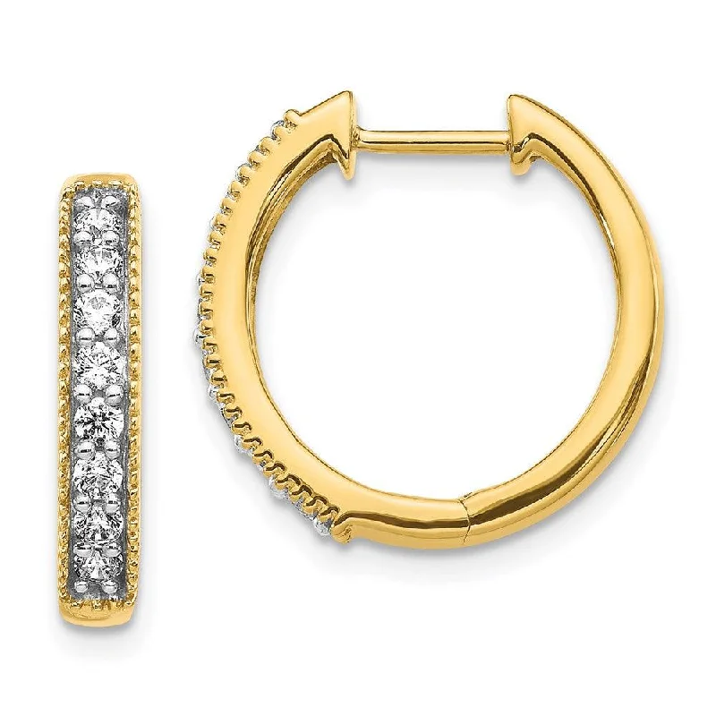 Women's modern design earrings-14k Yellow Gold Diamond Milgrain Hoop Earrings