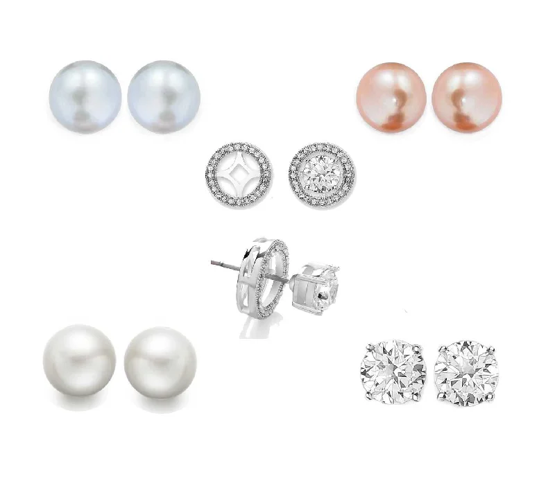 Women's gold-plated earrings-Set of 4 Freshwater Pearl and Crystal Interchangeable Halo Studs