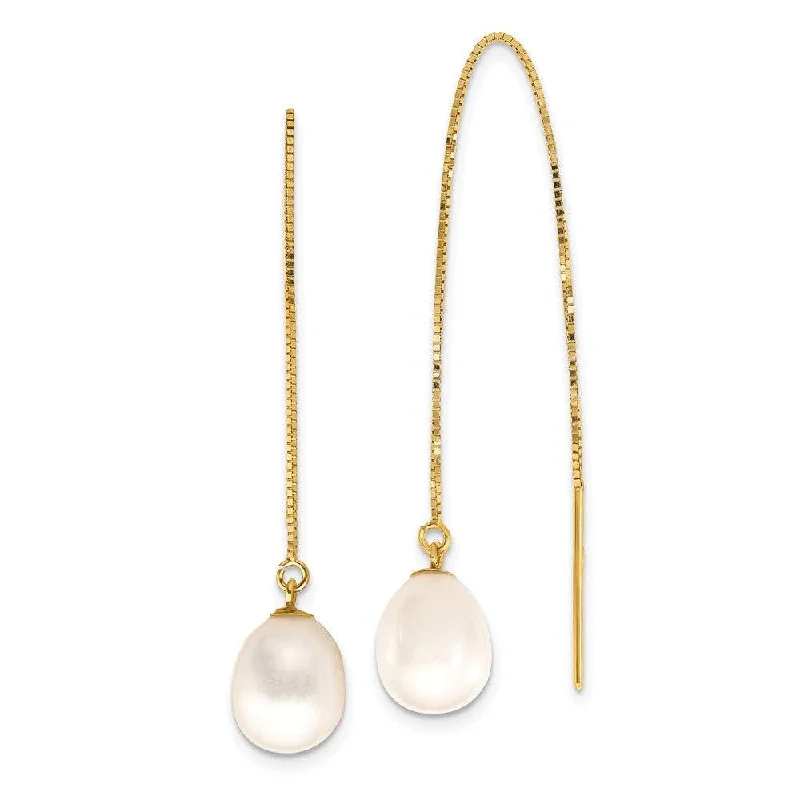 Women's mother-daughter earrings-14k 7-8mm White Teardrop FW Cultured Pearl Box Chain Threader Earrings