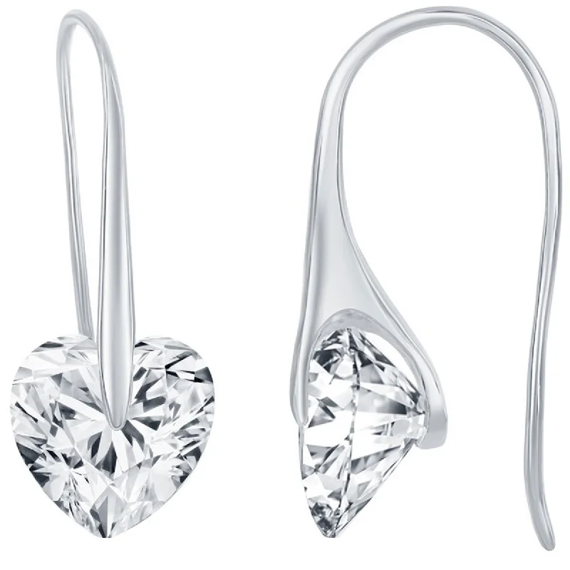 High-end women's earrings-Classic Women's Earrings - Sterling Silver Heart Shape White CZ Frenchwire | D-7875