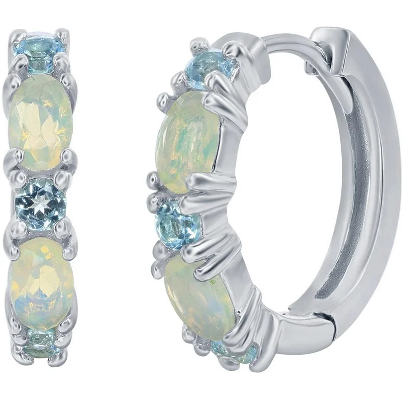 Women's beaded earrings-Classic Women's Earrings - White Opal and London Blue Topaz Stone 18mm Hoop | D-8195