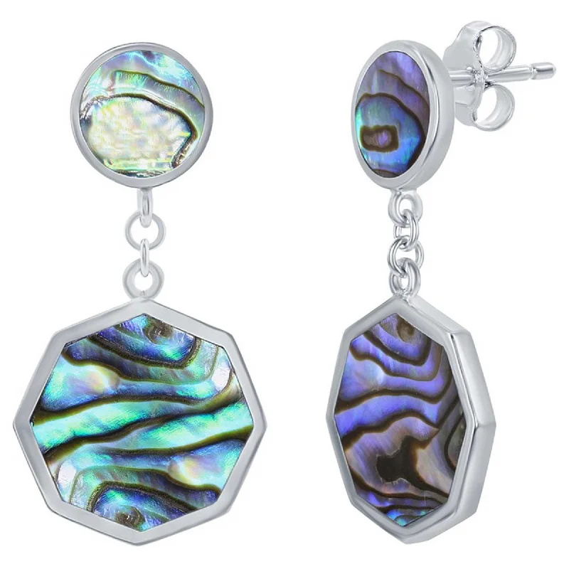 Women's ruby earrings-Classic Women's Earrings - Sterling Silver Abalone Round and Hexagon | D-7810