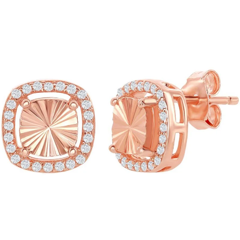 Women's symbolic earrings-Classic Women's Earrings - RG Illusion Cut Center with CZ Border Square Stud | D-6827