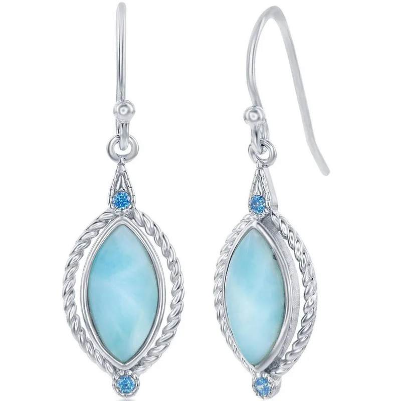 Women's friendship earrings-Caribbean Treasures Women's Earrings - Marquise Larimar with Blue CZ Rope | D-7838