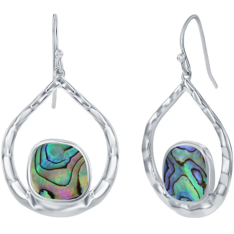 Women's silver earrings-Classic Women's Earrings - Irregular Abalone and Hammered Pear Shape Silver | D-7993