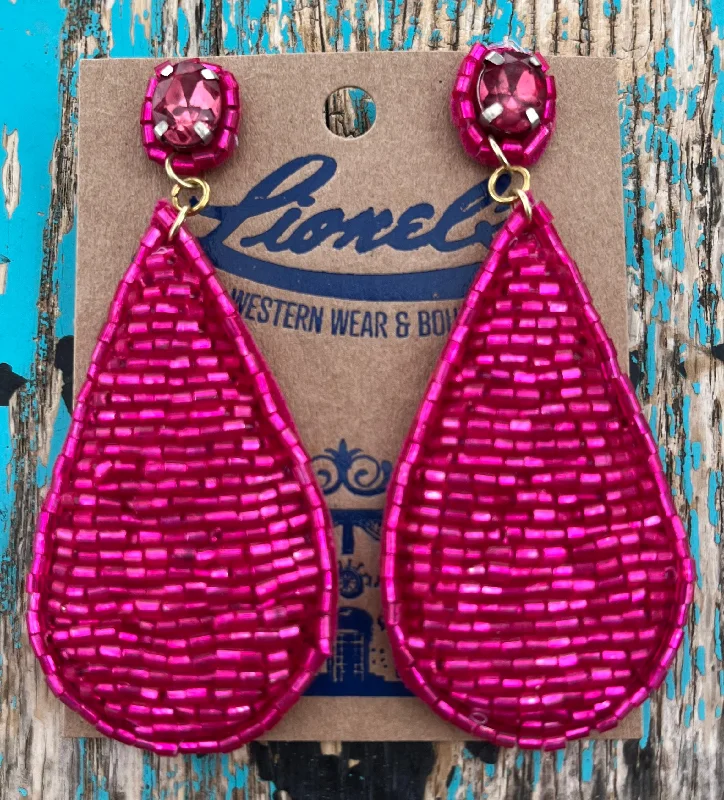 Designer women's rings-Fuchsia Bugle Bead Teardrop Dangling Earring