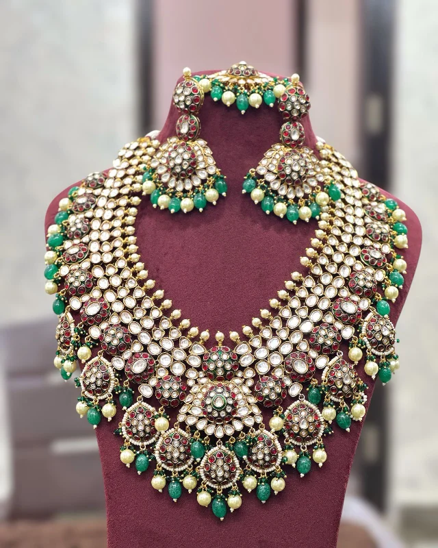 Women's stainless steel earrings-Kundan Beaded Polki Bridal Necklace Earrings Set, Kundan Polki Necklace Set, Engagement Polki Jewellery, Polki Jewelry Set, Indian Polki Necklace, Pakistani Polki Earrings Set, Bollywood Polki Jewellery Set, Wedding Polki Jewelry