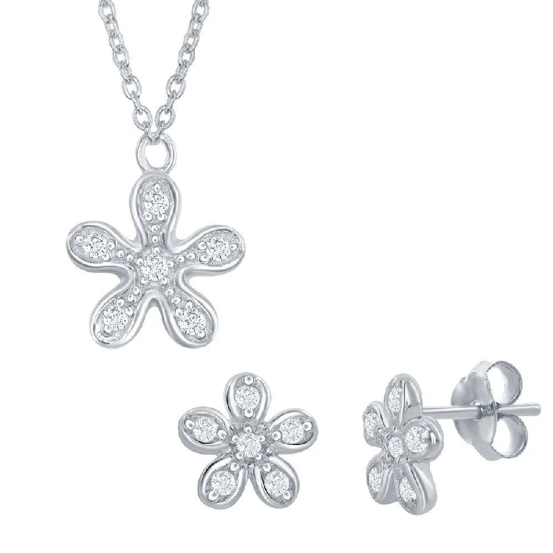 Women's personalized earrings-Sterling Silver Cubic Zirconia Flower Necklace and Earrings Set