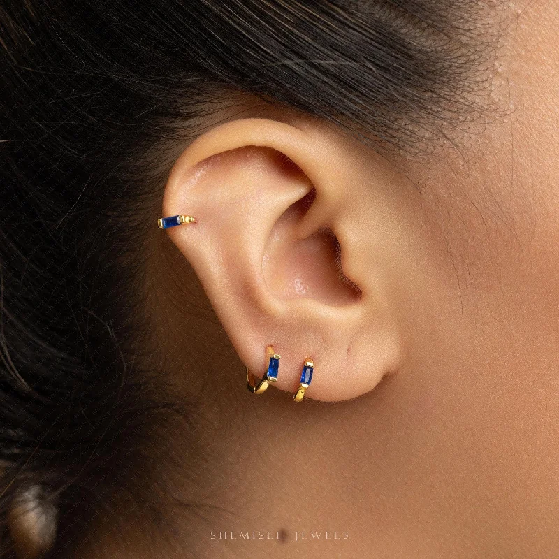 Women's friendship earrings-Sapphire Baguette Helix Hoop Earrings, Huggies, Unisex, Gold, Silver SHEMISLI - SH393, SH394, SH395