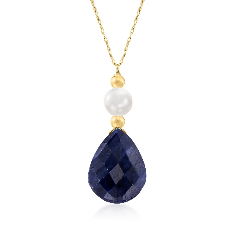 Women's religious necklaces-Ross-Simons Cultured Pearl and Sapphire Necklace in 14kt Yellow Gold