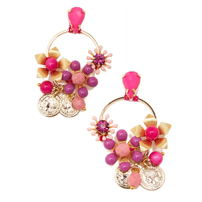 Women's ethical rings-Shades of Pink Handmade Flower & Crystal Drop Earring