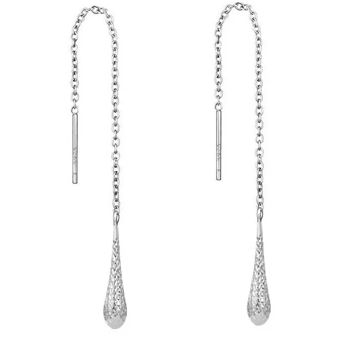 Women's party earrings-Italian Sterling Silver Diamond Cut Threader Teardrop Earrings