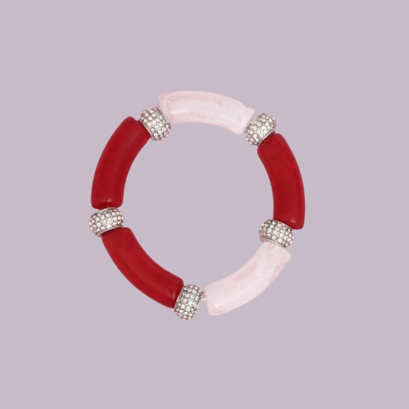 Women's platinum bangles-Marbled Bead Stretch Bracelet – Red and White Fashion Jewelry