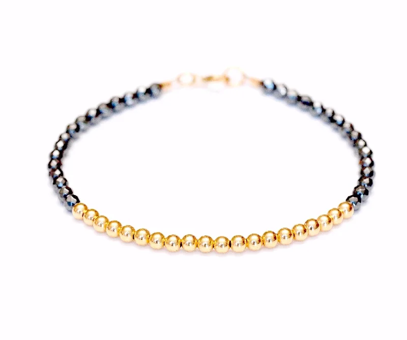 Women's anniversary bangles-14k Gold Bead Bracelet w/ Hematite - 3mm - Men and Women's Bracelet