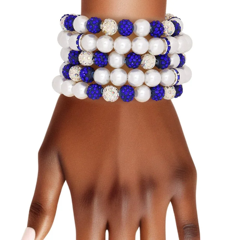 Women's charm bangles-Faux Pearl and Blue White Beads Bracelet