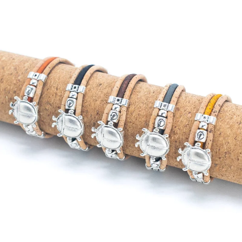 Women's bridal bangles-Natural cork with beetle accessories handmade bracelet BR-300-MIX-5