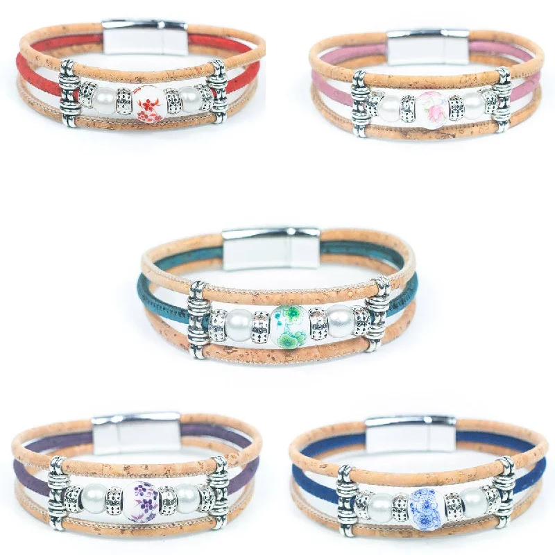 Women's pet memorial bangles-Printed porcelain beads with Cork Bracelet  DBR-041-MIX-5