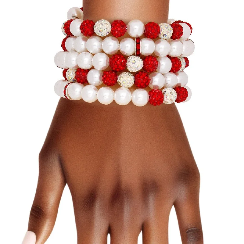 Women's religious bangles-Faux Pearl and Red White Beads Bracelet