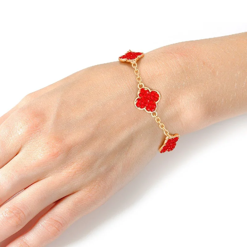 Women's K gold bangles-Bold Spirit: Ruby Red Quatrefoil Statement Chain Bracelet